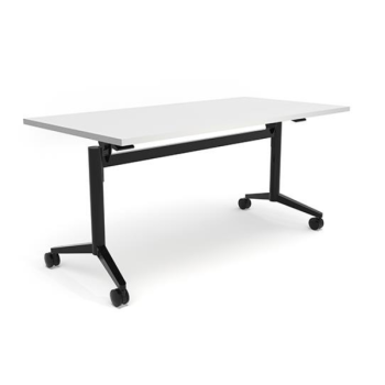 white table with black legs on wheels